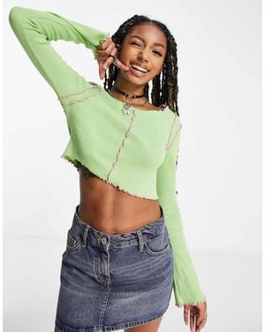 Daisy Street Long Sleeve Rib Crop Top With Contrast Overlocking - Green
