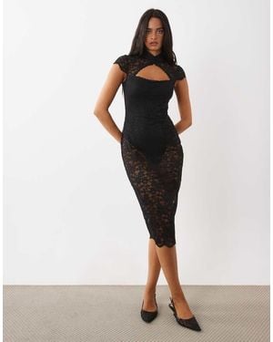 Oh Polly Sheer Lace Mandarin Collar Cap Sleeve Midi Dress - Black