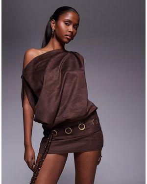 Murci Faux Suede Off-shoulder Fold-over Top Eyelet Belt Detail Mini Dress - Purple