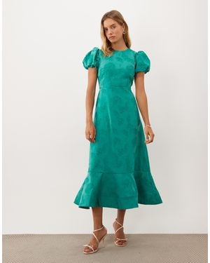 Sister Jane Jacquard Puff Sleeve Structured Hem Midi Dress - Green