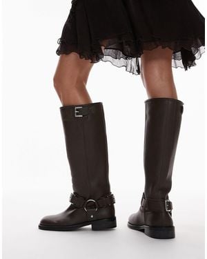 TOPSHOP Tee Premium Leather Knee High Biker Boots - Black