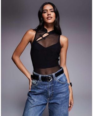 ASOS Rouleau Loop Detail Sheer Mesh Bodysuit With Trim - Black