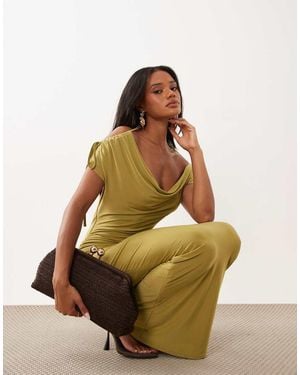 Missy Empire Double Sculpted Slinky Asymmetric Cowl Neck Detail Maxi Dress - Natural