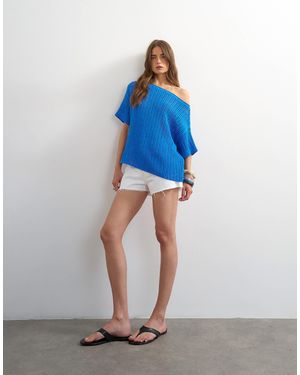 TOPSHOP Knitted Crochet Off The Shoulder Drape Top - Blue