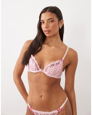 Ann Summers Tease And Trouble Flocked Spot Padded Plunge Bra - Pink