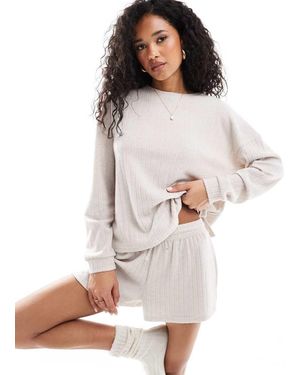 Loungeable Pijama Jaspeado De Pantalones Cortos Y Jersey Con Cuello Redondo De Punto Supersuave De - Neutro - Blanco