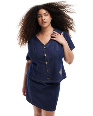 Renee Studio Plus Exclusive Denim Button Front Short Sleeve Top Co-ord - Blue