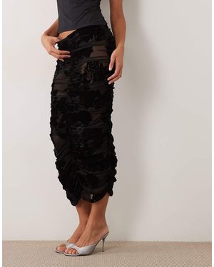 AFRM Flocked Mesh Mid Rise Elasticated Waistband Ruched Maxi Skirt - Black