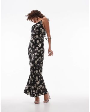 TOPSHOP Robe nuisette mi-longue en satin imprimé fleuri avec col bénitier et détail torsadé au dos - noir et blanc