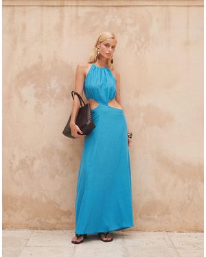 Kaiia Exclusive Cotton Blend Halterneck Cut Out Detail Maxi Dress - Blue