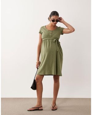 Mama.licious Mamalicious Maternity Button Front Tie Waist Midi Dress - Natural