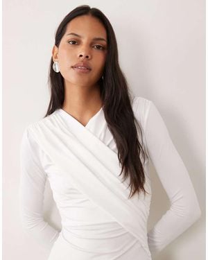 4th & Reckless Slinky Wrap Ruched Detail Long Sleeve Top - Natural
