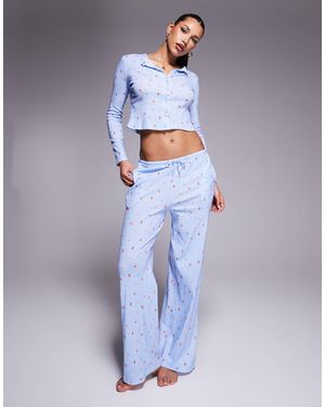 Kaiia Exclusive Pointelle Wide Leg Pyjama Bottoms Co-Ord - Blue