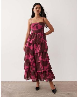 Pretty Lavish Midaxi Cami-Jurk Van Linnenmix Met Rok Met Stroken En Bloemenprint - Rood