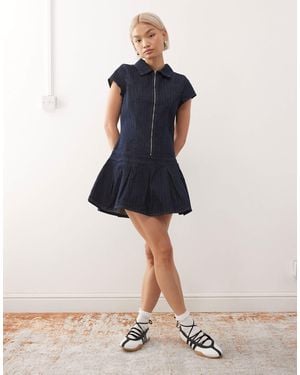 Collusion 90s Denim Fitted Dropped Waist Dress - Blue