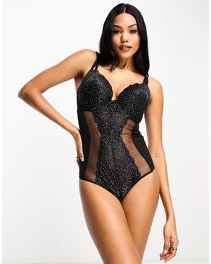 Gossard Body scintillant en dentelle à armature et décolleté plongeant avec empiècement en tulle - Noir