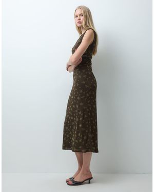 Mango Plissé Mouwloze Midi Jurk Met Bruine Bloemenprint - Grijs