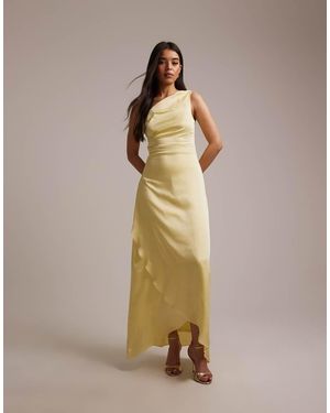 TFNC London Bridesmaid Satin One Shoulder Wrap Skirt Maxi Dress - Yellow
