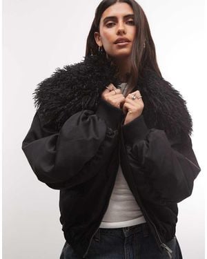 Collusion Padded Bomber Jacket With Faux Fur Collar - Black