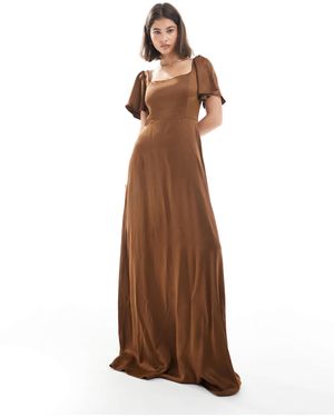 Maids To Measure Bridesmaid Square Neck Flutter Sleeve Maxi Dress - Brown