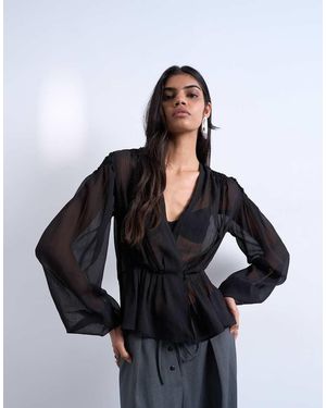 TOPSHOP Blusa Negra Transparente De Manga Larga Con Diseño De Paneles De Chifón De - Blanco