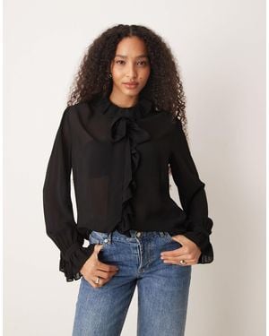 Mango Ruffle Detail Blouse With Tie Neck - Black