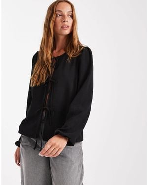 Pieces Tie Front Woven Blouse - Blue