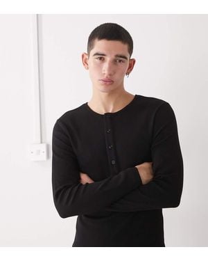 Collusion Camiseta Negra De Manga Larga Y Corte Slim Con Cuello Panadero De Canalé De - Negro