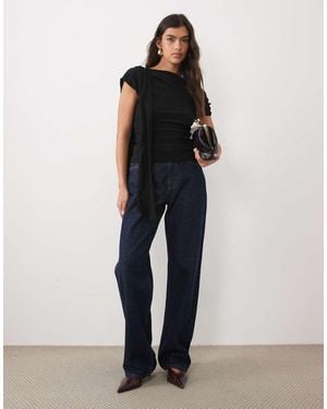 ASOS Textured Scarf Neck Fallen Shoulder Top - Blue