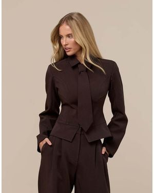 Wanderdoll Exclusive Gabriella Zip Through Shirt With Removable Tie Co-Ord - Brown