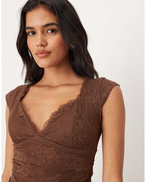 Abercrombie & Fitch Top en dentelle avec manches courtes et décolleté en cœur - marron