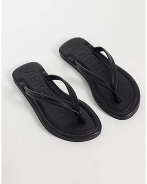 ARKET Premium Leather Square Toe Flat Flip Flop Thong Sandal - Black