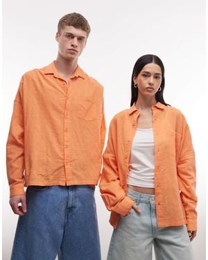 Collusion Unisex Oversized Long Sleeve Textured Grid Check Shirt - Orange