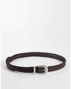 ASOS Skinny Woven Leather Belt With Silver Curve Buckle And Metal Tip - Brown