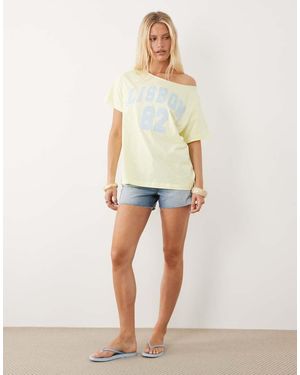 ASOS Off Shoulder Top With Lisbon Applique Graphic - Natural