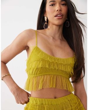 ASOS Dobby Mesh Semi Sheer Ruffle Cropped Cami Top - Green