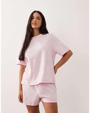 ASOS Oversized Tee And Shorts Pyjama Set With Contrast Overlock Stitch - Pink