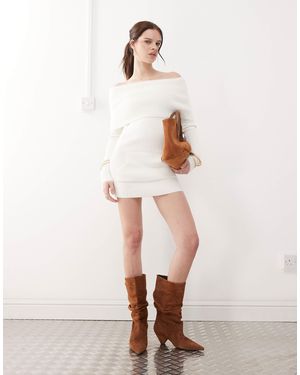 The Kript Off Shoulder Mini Dress With Faux Fur Cuffs And Fold Over - Natural