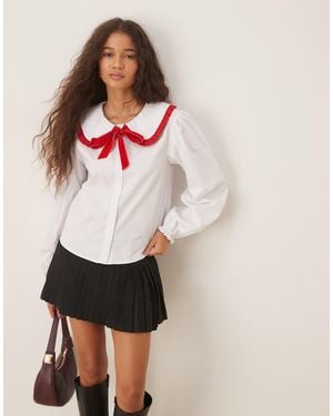 Glamorous White Blouse With Red Tipping And Bow-multi - Multicolor