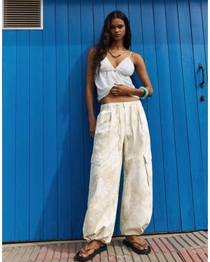 Bershka Printed Cargo Trousers - Blue