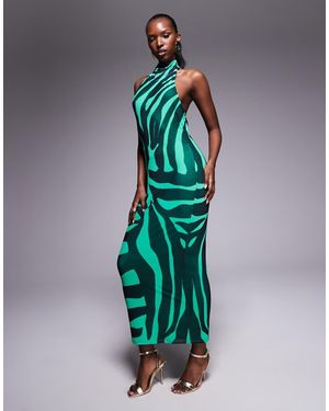 AFRM Vestido Midi Verde Con Estampado De Cebra De Malla Elástica De