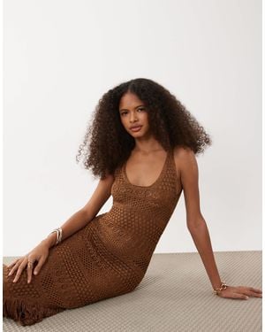 River Island Metallic Fringed Asymmetric Knitted Midi Dress - Brown