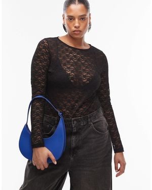 ASOS Asos Design Curve Lace Sheer Long Sleeve Bodysuit - Black