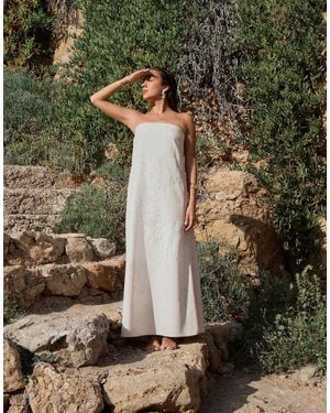 4th & Reckless X Luana Barron Contains Linen Bandeau Trapeze Sun Embroidery Maxi Dress - Green