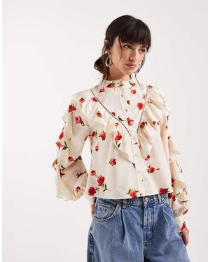 Wednesday's Girl Top Met Lange Mouwen, Ruches, Kraagje En Fijne Bloemenprint - Naturel