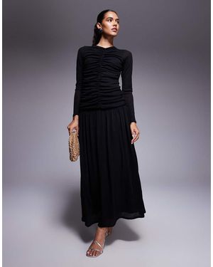ASOS Textured Ribbed Long Sleeve Ruched Front Maxi Dress - Blue