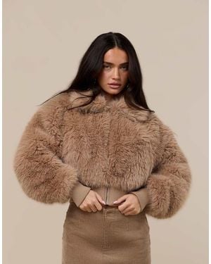 Wanderdoll Tatiana Faux Fur Oversized Collar Zip Through Fitted Waist Jacket - Brown