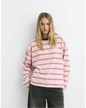 Pull&Bear Striped Text T-shirt - Pink