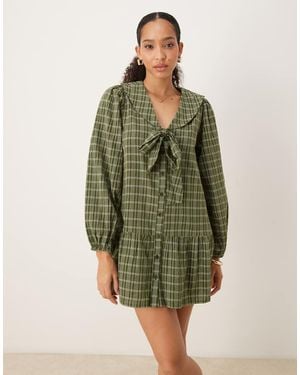 Neon Rose Bow Detail Check Mini Smock Dress - Green