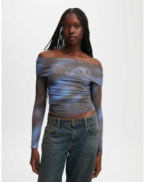 Cotton On Ashley Off Shoulder Mesh Long Sleeve Top - Blue